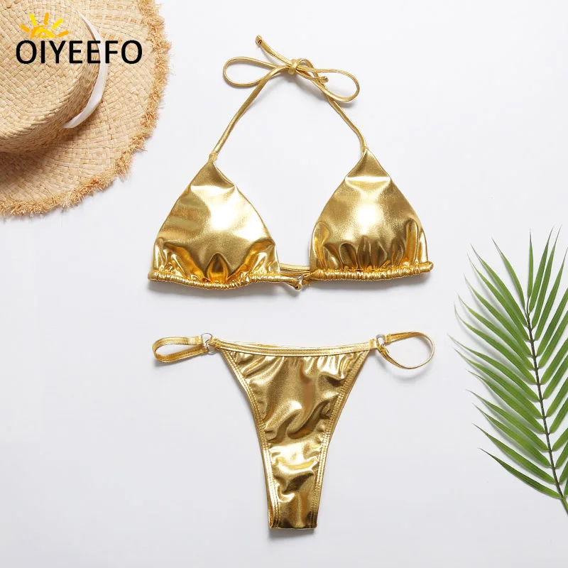 Oiyeefo Shiny Gold Meterial Bikini Brazilian Tanga Biquine Micro