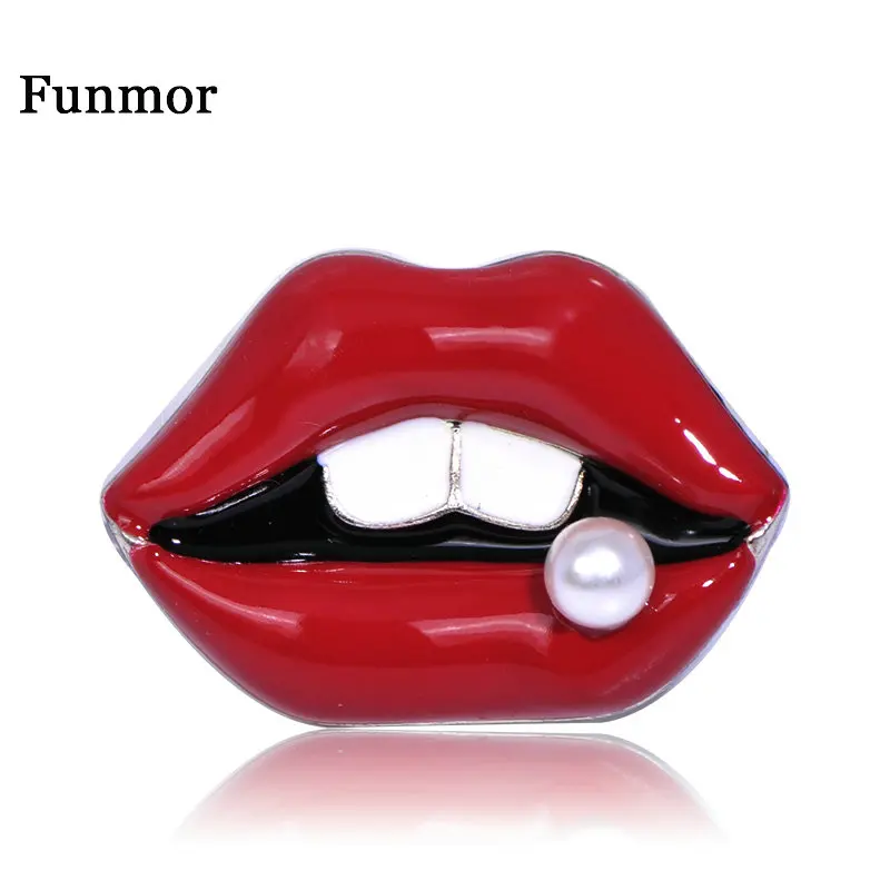 

FUNMOR Sexy Red Lips Shape Tin Alloy Brooches Imitation Pearl Accessories For Women Girls Wedding Party Coat Dress Hats Brooch