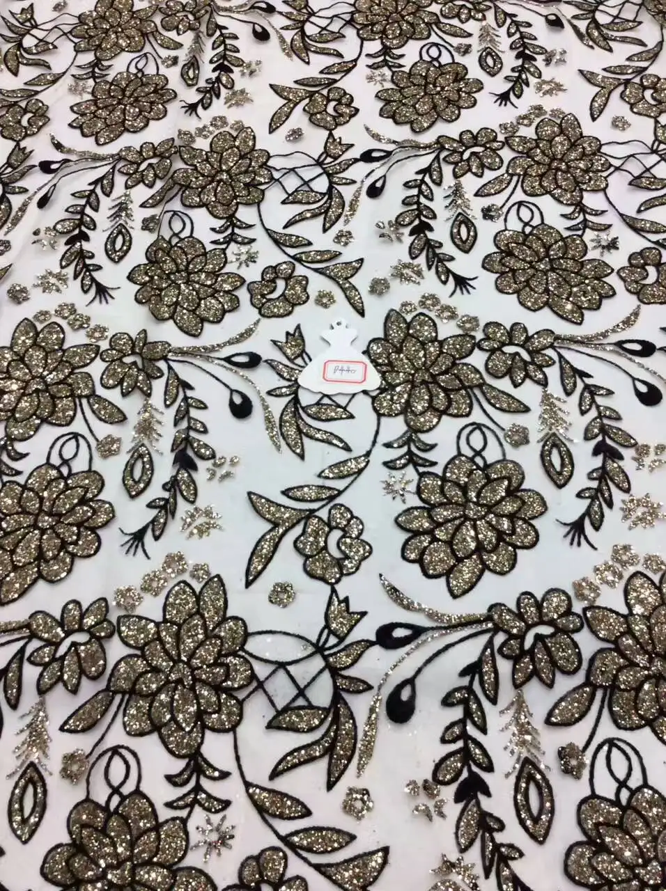 5YARDS AH1127 flocked black gold hand print glued glitter net mesh lace