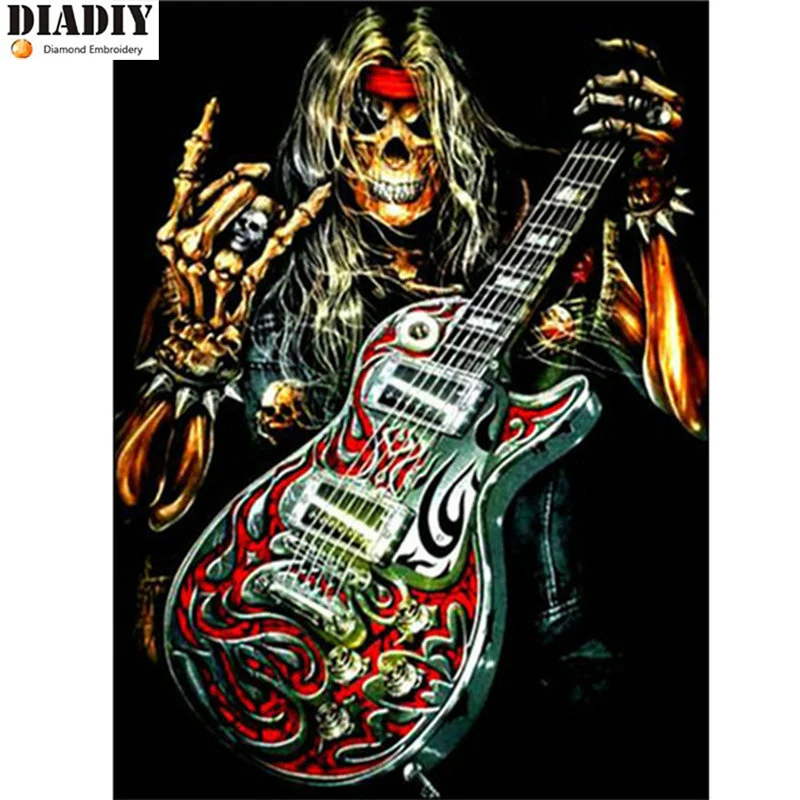 

needlework "Music & Skull" diamond painting guitar full square & round diy diamond cross stitch mosaic wall stickers rhinestone