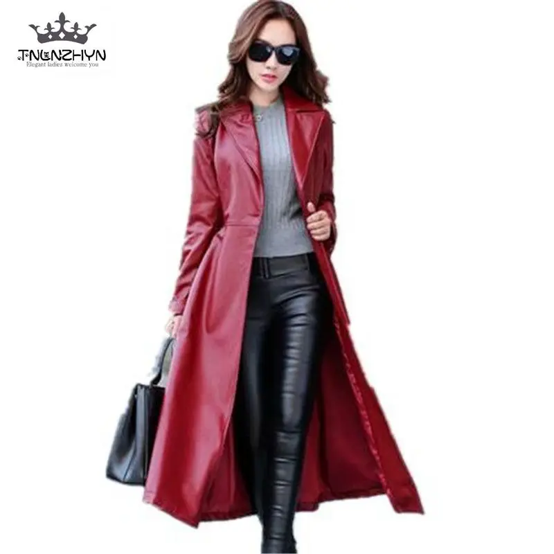 Image 2017 Spring Autumn Women Leather Jacket  Fashion High end PU Leather Coats X long Belted Slim PU Leather Trench Coats SK113