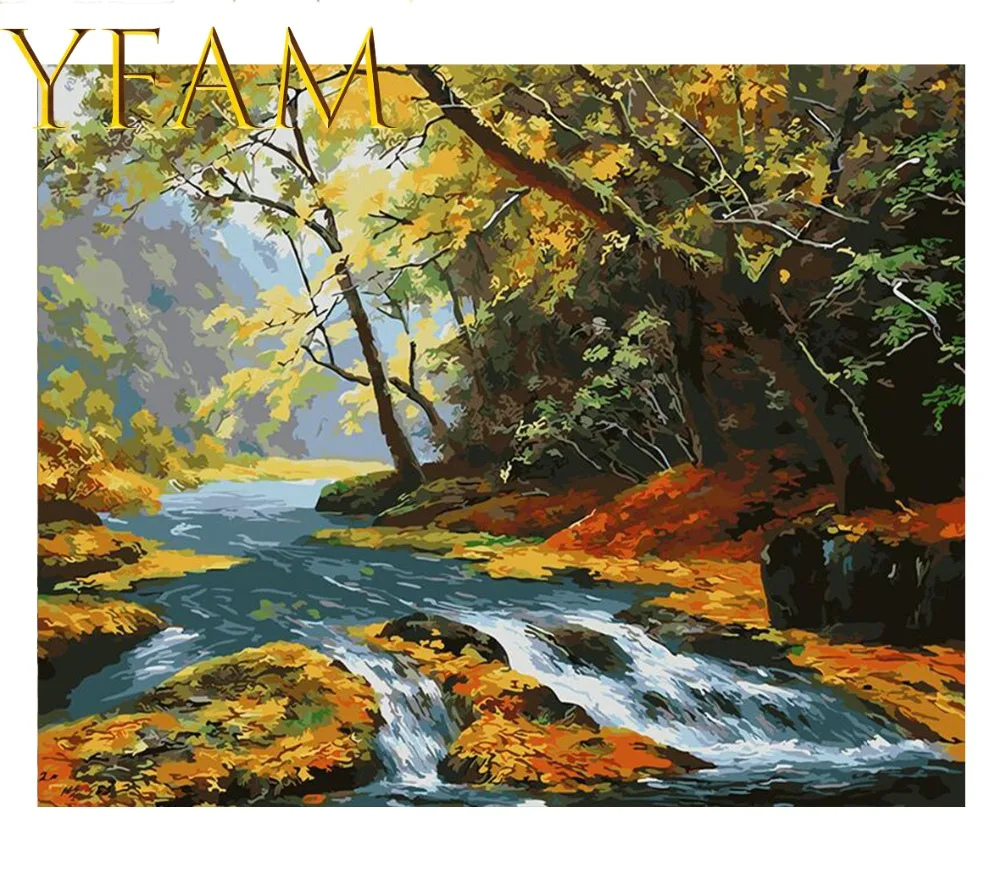 River Autumn Landscape Painting By Numbers DIY Hand Paint Acrylic Drawing On Linen Canvas Modern Home Decor Wall Picture | Дом и сад
