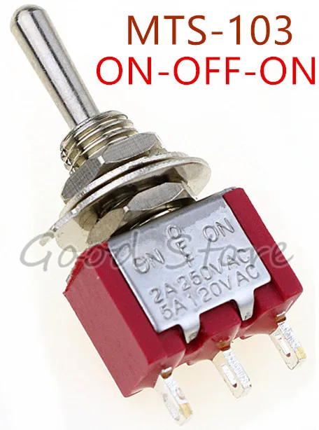 

5Pcs MTS-103 Red 3Pin 3File 6MM Rocker switch 2A 250V 5A120V ON-OFF-ON lock Toggle Switch