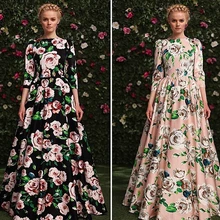 Лето Осень Новая мода женщин плюс размер высокой уличной подиума осень 3/4 рукав потрясающее длинное платье с принтом Макси платья