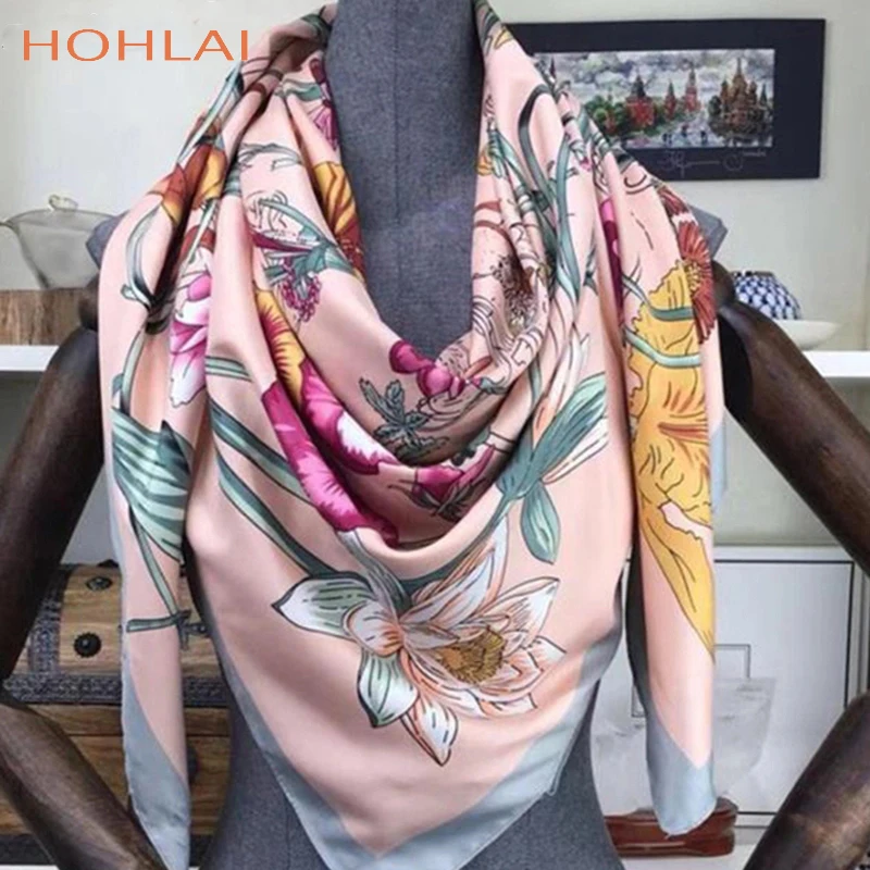 

130*130cm Square 100% Twill Silk Scarf Bandana Women Shawls Bufanda Large Floral Printed Scarves Stoles Scarf Kerchief Hijab