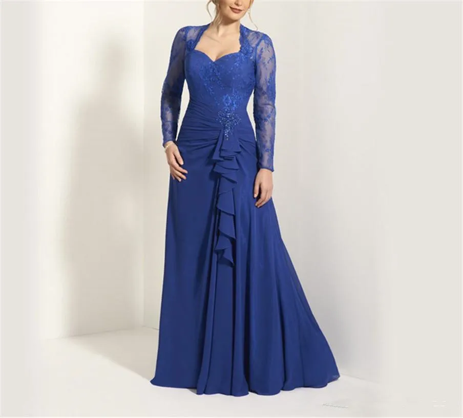 

Sweetheart Long Sleeves Royal Blue Chiffon lace Mother of the Bride Dresses 2019 Front Keyhole Back A-line Maid robe de soiree