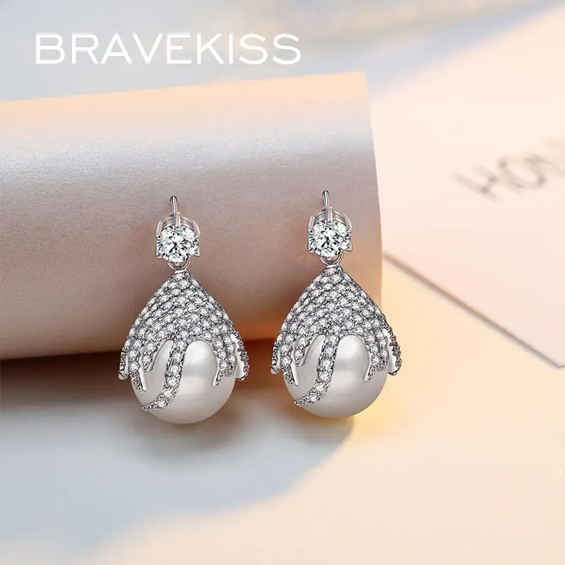 BRAVEKISS корейские элегантные жемчужные висячие серьги Роскошные Стразы Висячие