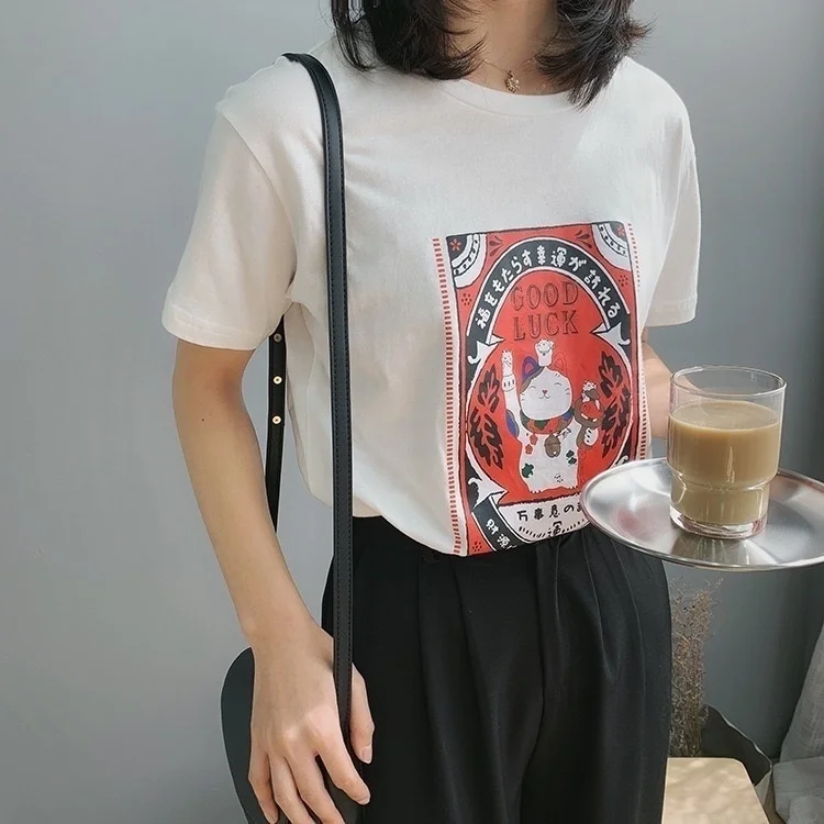 Fashionshow-JF النساء ملابس علوية من القطن و المحملات الكرتون الفتيات أزياء الصيف الخريف س الرقبة قصيرة الأكمام الملابس حظا سعيدا مع القط Fashionshow-JF النساء ملابس علوية من القطن و المحملات الكرتون الفتيات أزياء الصيف الخريف س الرقبة قصيرة الأكمام الملابس حظا سعيدا مع القط