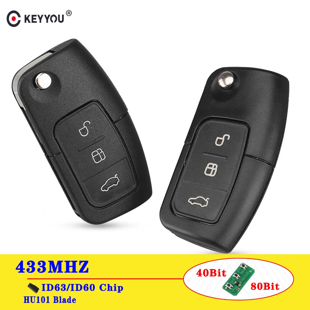 

KEYYOU 433MHz 4D63 Chip 3 Button Flip Folding Remote Control car Key for Ford Focus 2 3 mondeo Fiesta key Fob Case HU101 Blade