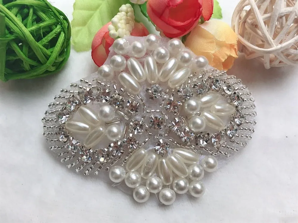 

Iron on beaded pearl crystal rhinestone appliques for wedding dresses