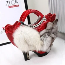 2017 neue frauen Einzigartige High Heel Schuhe Design Luxus Strass Handtasche Handarbeit Perlen Tasche Cross Body Fuchspelz Geometrische taschen