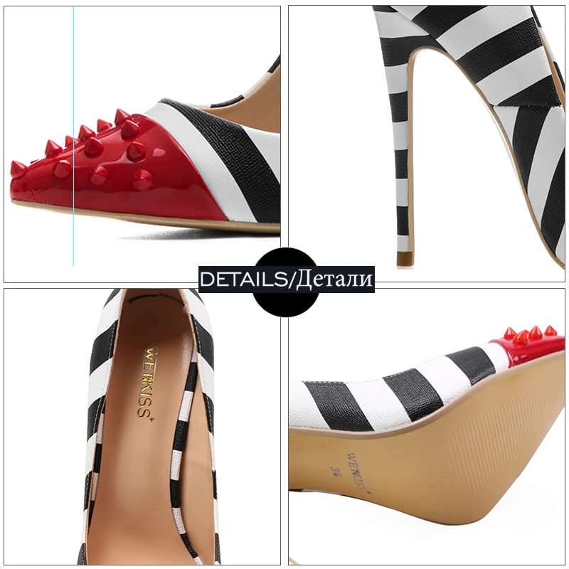 WETKISS Studded High Heels 12cm Stilettos Women Pointed Toe Rivet Ladies Party Pumps Zebra Shallow Colorful Shoes Woman 34-45