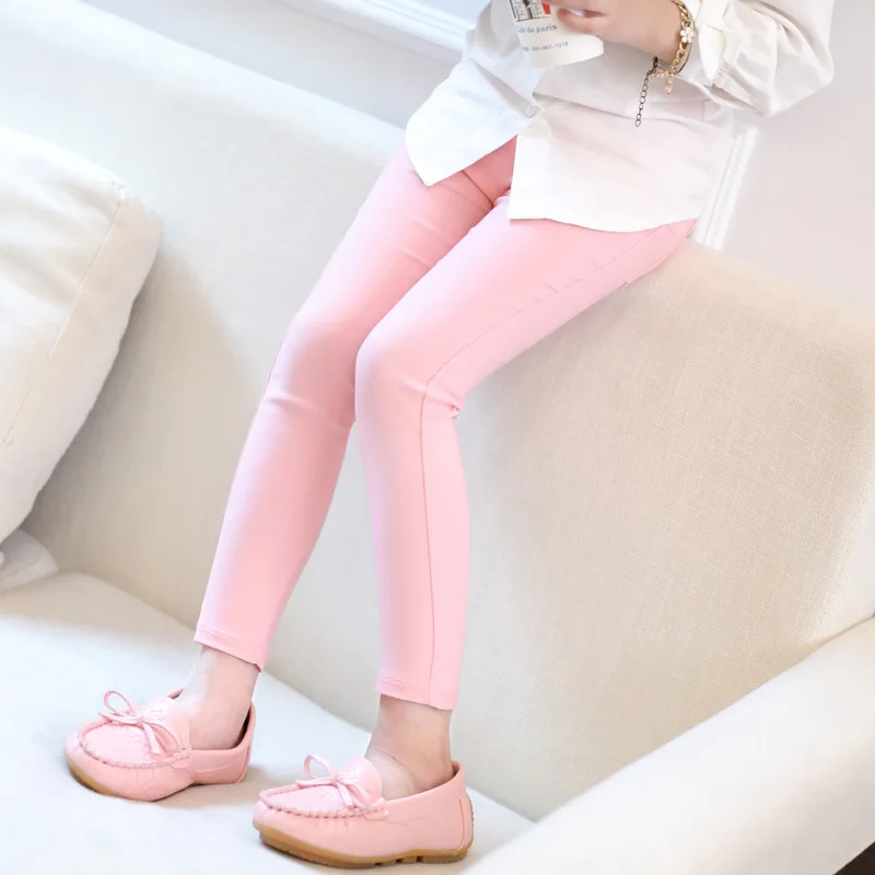 

high quality 2017 autumn girl candy color pink green rose red purple leggings kids solid korea pocket skinny pencil pants