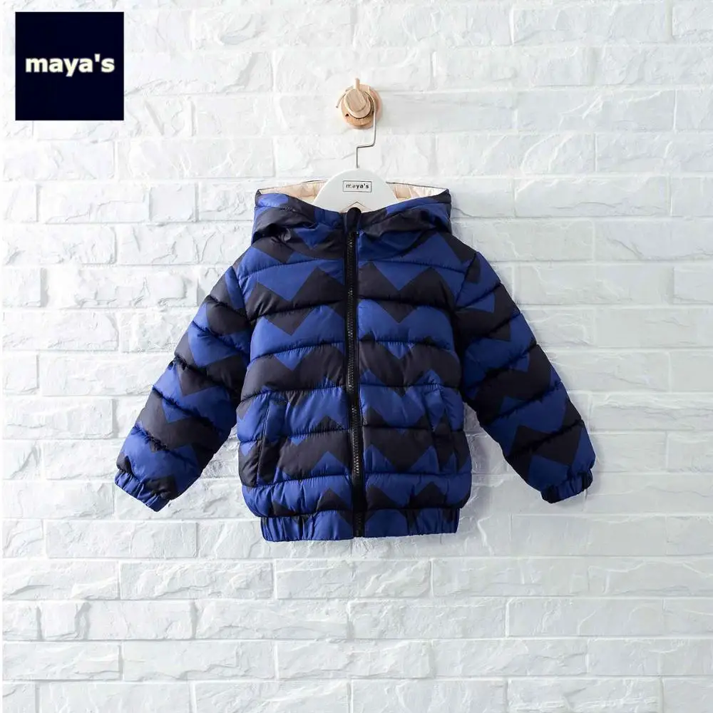 Mayas Printed Warm Winter Zipper Boys Parka Children Soft Wave Hooded Fashion Coat Boys Thickening Full Sleeves New Jacket 81234 - Цвет: 02 Blue