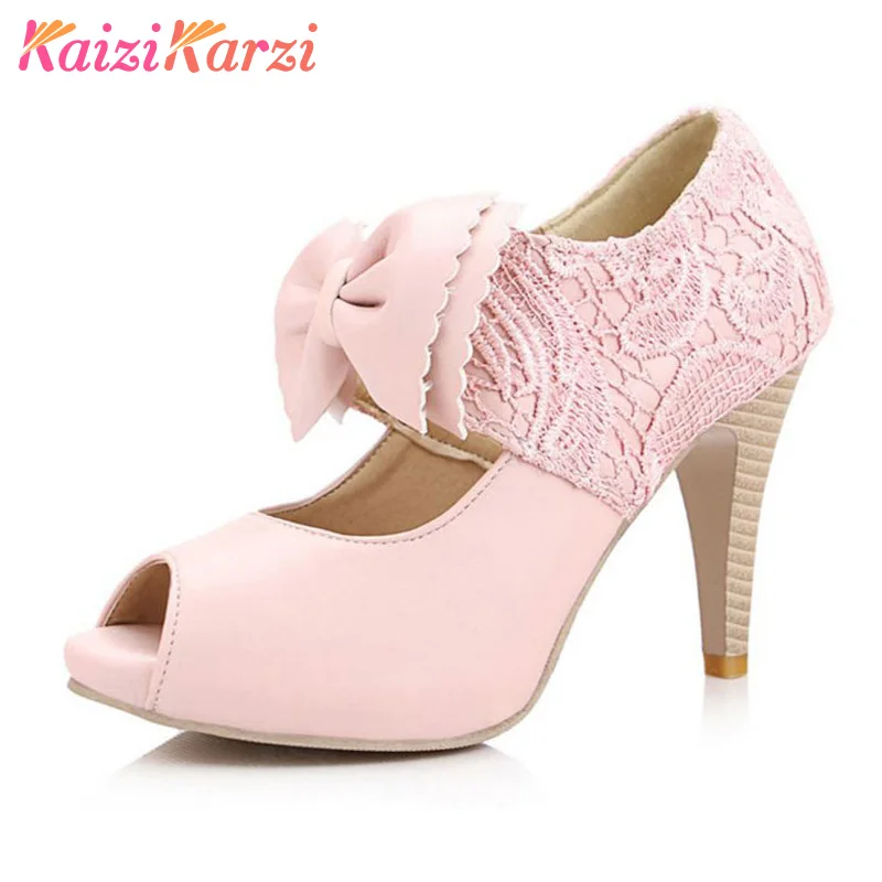 

KaiziKarzi Size 34-43 Women Bowknot Open Toe Pumps Lace Spike High Heels Shoes Women Paltform Party Wedding Lady Daily Footwear