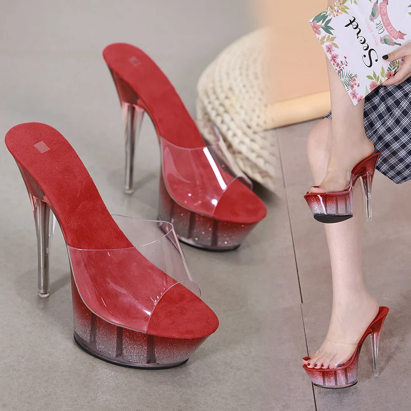 Shoes Women Sexy Super High Heel 15CM Fine with Waterproof Table Slippers Transparent Crystal Shoes Female Wedding Shoes