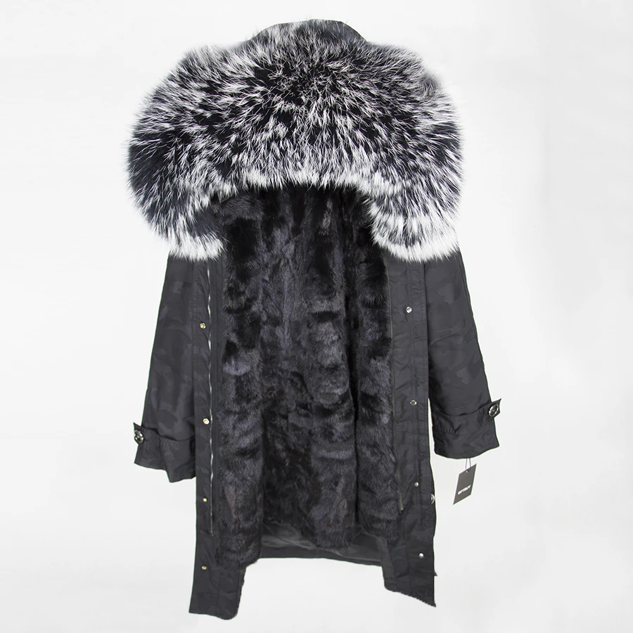 OFTBUY,, пальто с натуральным мехом, X-long, Камуфляжная парка, зимняя куртка для женщин, большой воротник из натурального меха енота, капюшон, подкладка из натурального меха норки - Цвет: black Camouflage 2