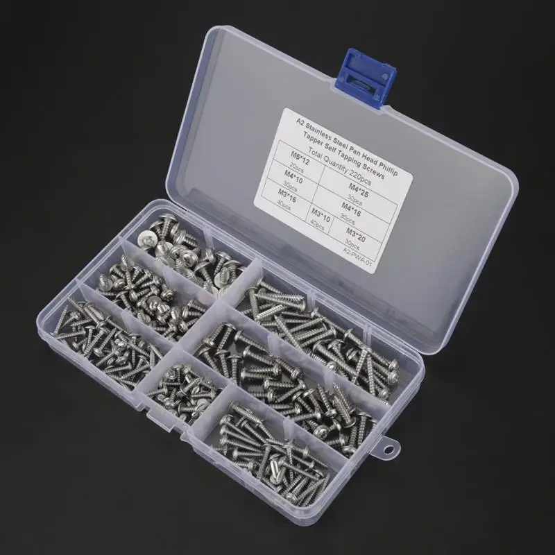 

220Pcs/Lot M3 M4 M5 304 Stainless Steel Tapper Screws Pan Head Cross Tapper Self Tapping Screws Set w/ Box tornillos