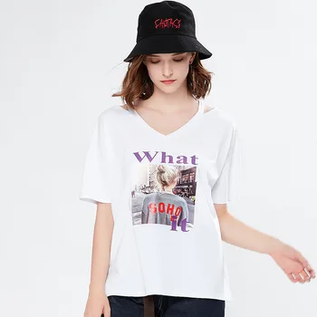 

YZ Women T-shirt 2019summer New Loose Print Femme T-shirt Short Sleeve Women Sexy Top Off-shoulder V-neck Feminino T-shirt