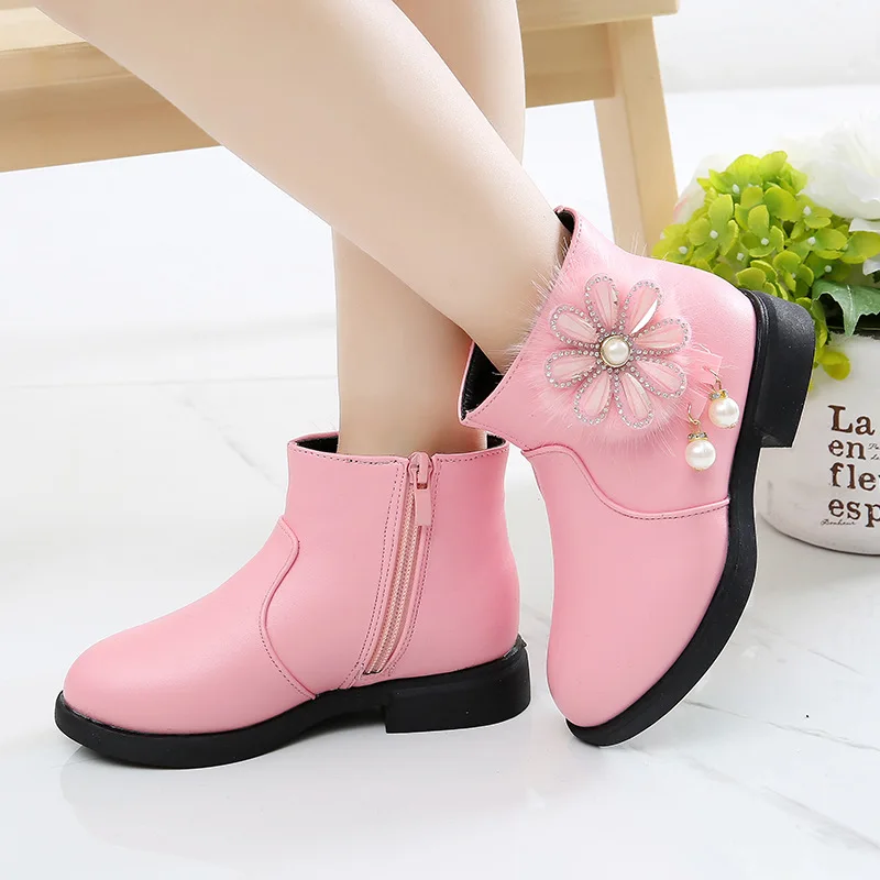 Autumn Winter Children's leather boots For Baby Girls Leisure short boot Flowers Warm plush Martin boots for children