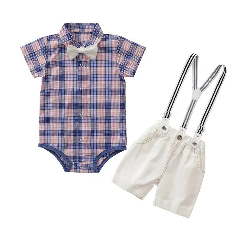 Новая Одежда для новорожденных мальчиков летняя одежда для маленьких мальчиков Одежда для маленьких мальчиков костюмы с короткими рукавами и ремешком комплект одежды для маленьких мальчиков - Цвет: Pwhite