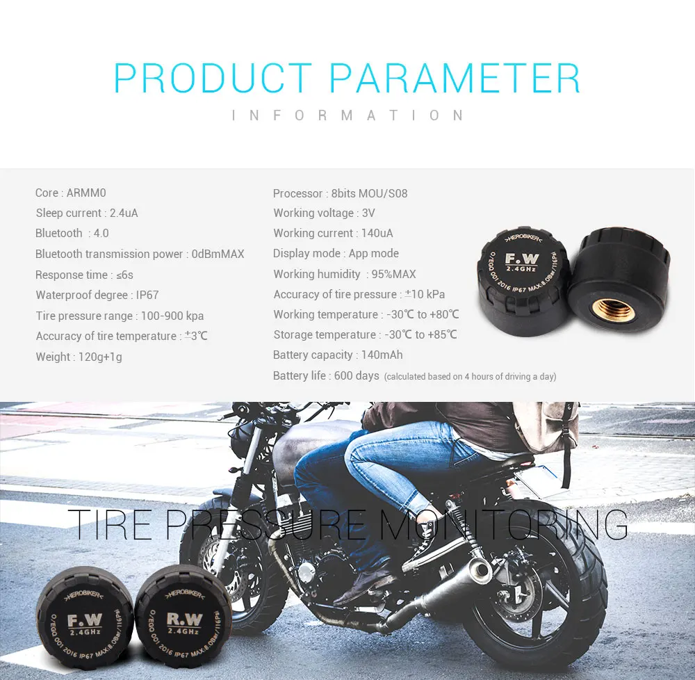 HEROBIKER мотоцикл Bluetooth система мониторинга давления в шинах TPMS мобильный телефон приложение обнаружения 2 внешних датчика