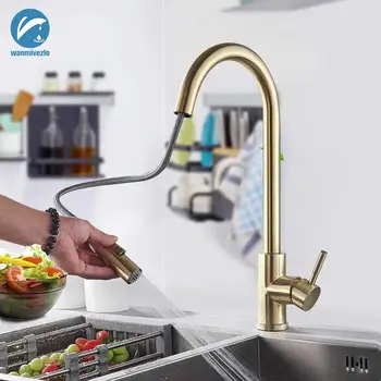

Brushed Gold Pull Out Kitchen Faucets 360 Rotation Kitchen Mixer Tap Single lever Mixer Tap Kitchen Sink Cold Hot Water Tap