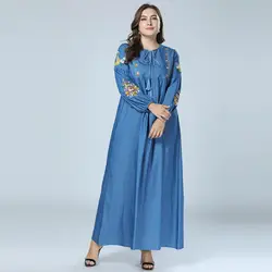 2018 Для женщин Осенняя мода Абаи мусульманских Джинсовое платье Вышивка Одежда из Дубая шею кафтан Мусульманские платья Синий vestidos 4XL