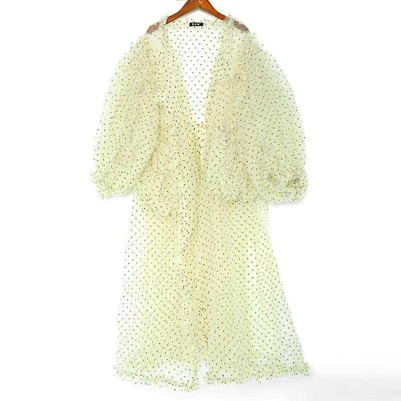 

LANMREM 2019 Spring Summer Large Lantern Sleeve Sunscreen Cardigan For Women Dot Mesh Transparent Double Pocket Long Coat WE923