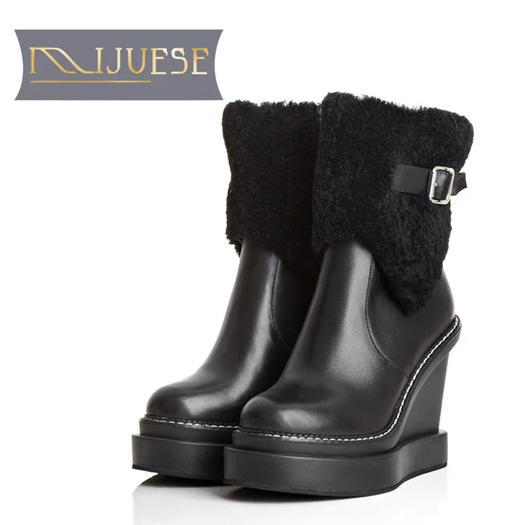 

MLJUESE 2019 women Mid calf boots cow leather buckle strap winter wool short plush warm platform wedges women martin boots