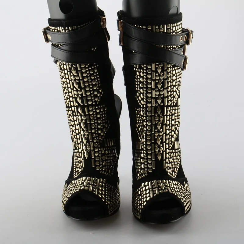 Золотые заклепки Тотем; женские пикантные ботильоны на высоком каблуке открытый носок с кожаной пряжкой Для женщин модные летние сапоги обувь "слингбэк" размер 41