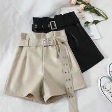 Модные женские шорты с высокой талией из искусственной кожи, черный пояс, широкие шорты, весна-осень, женская уличная одежда, кожаные шорты