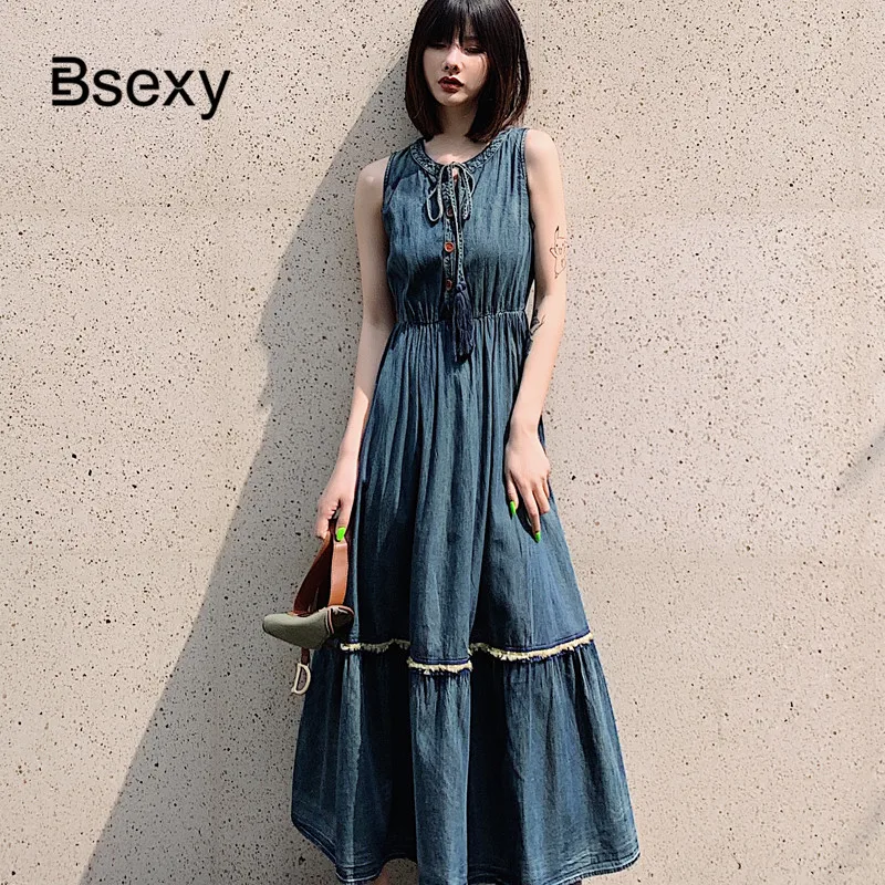

Free Shipping Women Jeans Dress 2019 Summer Sleeveless Long Blue Denim Dress Cotton Casual Cotton Fit and flare Long Dress