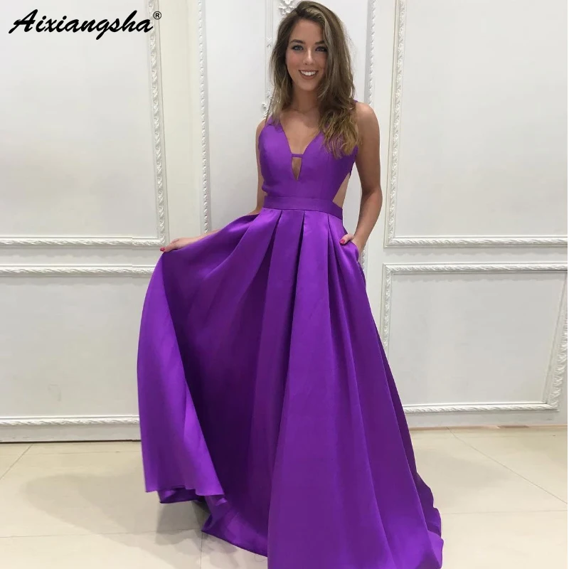 

Simple A-Line Satin Long Evening Party Gowns With Pocket V-Neckline Sleeveless Open Back Purple Prom Dresses 2019