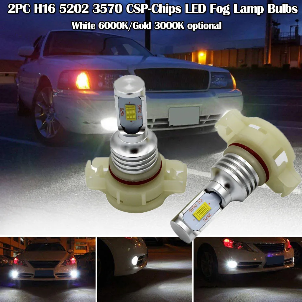 

2PC H16 5202 LED Light Bulb 3570 Chips LED Fog Lamp Bulbs White 6000K/Gold 3000K DC 12V-24V 1600LM/PCS Power 80W 30000 hours 8Z