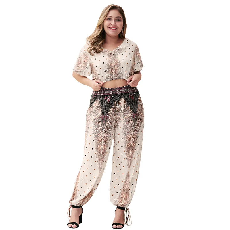 

WHZHM Summer Ruffles Plus Size 3XL 4XL Sets Women Loose Printed Two PCS V-Neck Crop Tops and Full Lantern Trousers Sets Ladies