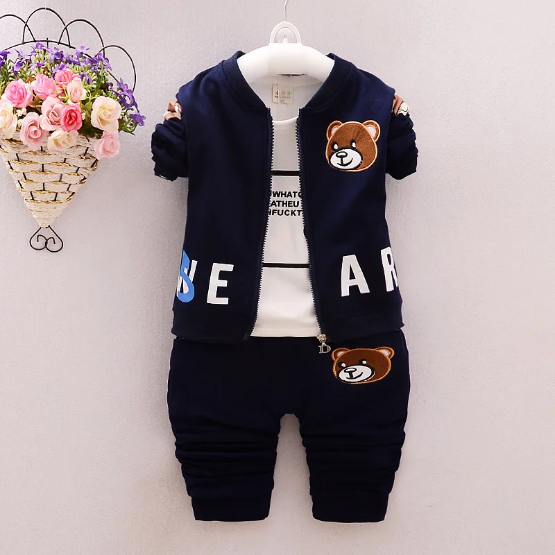 

2017 Autumn Baby Girls Boys Clothes Sets Cute bear Infant Cotton Suits Coat+T Shirt+Pants 3 Pcs Casual Sport Kids Child Suits