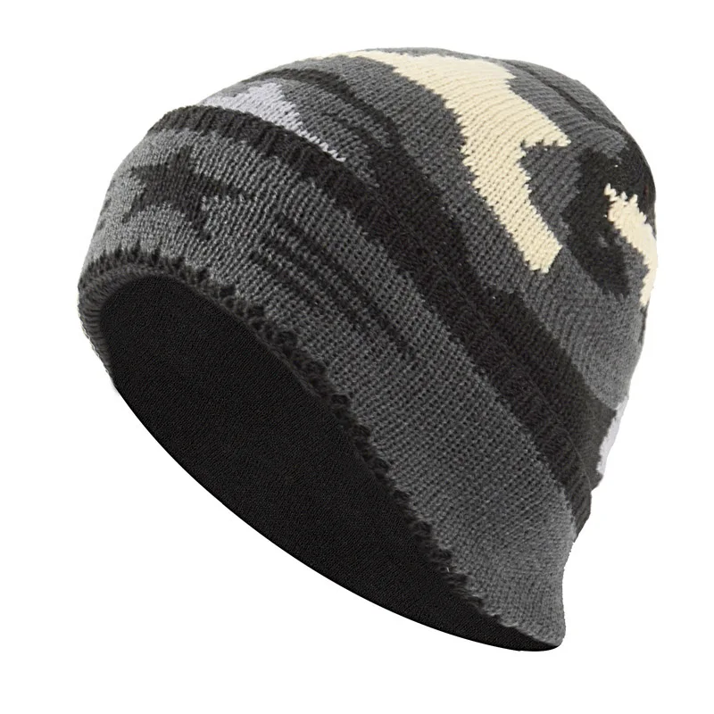 Мужская зимняя эластичность трикотажная теплая пентаграмма Маскировочная шапка Плюс Толстая бархатная плюшевая двухслойная шерстяная вязаная ветрозащитная шапка K17 - Цвет: Gray