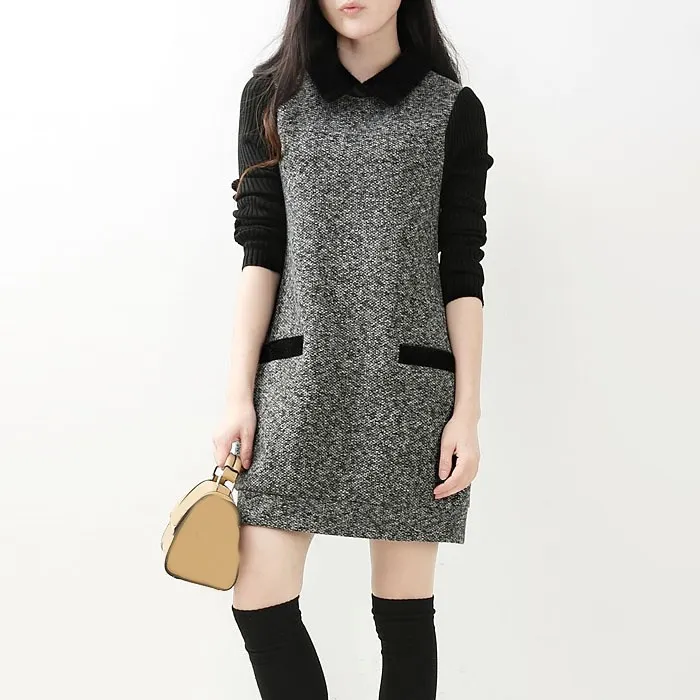 

Winter Autumn Women Patchwork Dress Long Sleeve Sweater Office Work Dress Casual Loose Warm Mini Wool Blends Dress