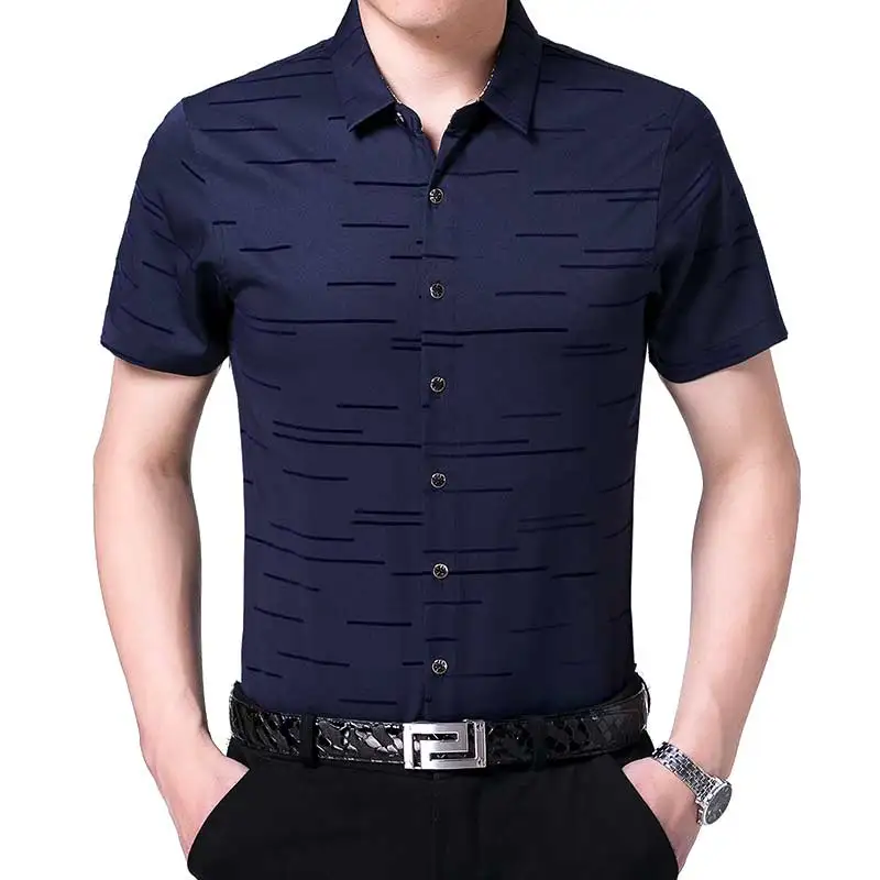 Новинка, летняя мужская рубашка в полоску с коротким рукавом, Повседневная приталенная одежда, роскошная модная мужская рубашка высокого качества 6006 - Цвет: Navy