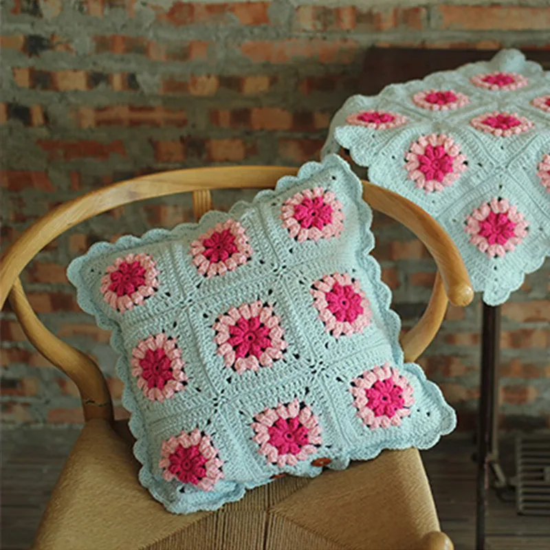 

New Hand Crochet Flower Country Cushions Decorative Floor Pillow Couch Small Turquoise Cushion Pillow For Sofa coussin exterieur