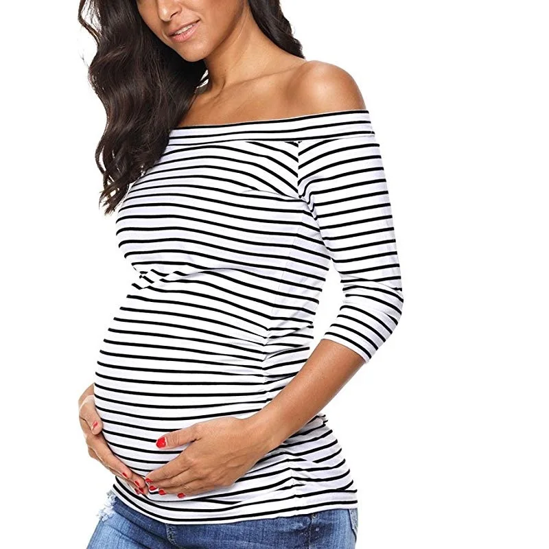 Женская Полосатая Рубашка для беременных с открытыми плечами, 3/4 рукав, боковая блуза с рюшами, рубашка для беременных, Одежда для беременных, повседневные топы, футболки