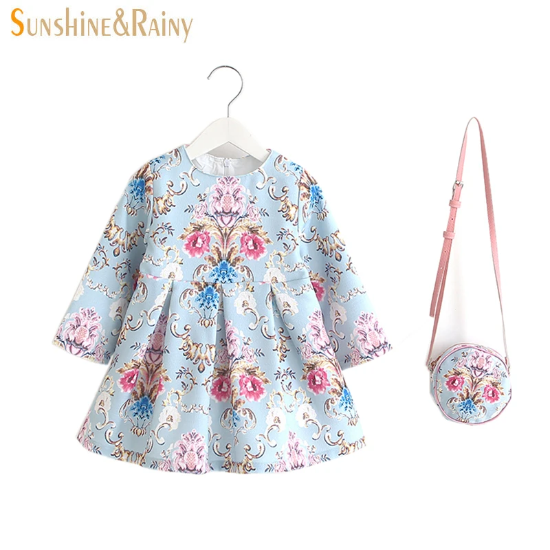 

2017 Autumn Brand Design Dresses For Girls Baby Girl Dress With Bags Floral Print Robe Princesse Fille Children Vestidos Kids