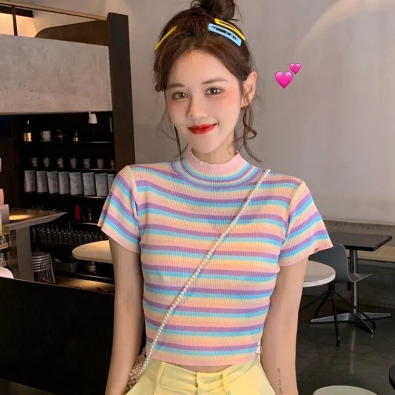 

Women's Cute Short Sleeve Color Block Striped T-Shirt Women Short Sleeve Turtleneck Slim Sexy Tee Cute T-shirt Harajuku Kawaii T