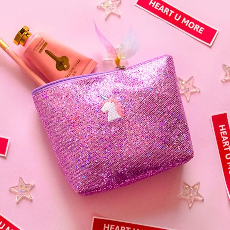 

Shell Unicorns Tree Embroidery Make up Pouch Shining Cosmetic Case Soft Light Convenient Travel Wash Bags for Girls Korea Style