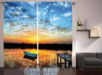 

Nautical Curtains Little Fishing Boat on Pond Tranquil Sunrise Water Reflection Picture Living Room Bedroom Window Drapes