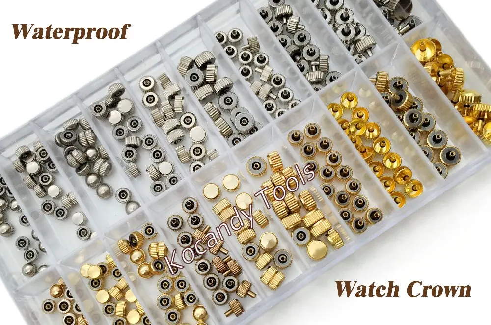 Prix pour Étanche montre couronne pièces de rechange assorties or & argent Dome tête plate montre accessoires Kit de réparation outil pour horloger Prix pour Étanche montre couronne pièces de rechange assorties or & argent Dome tête plate montre accessoires Kit de réparation outil pour horloger