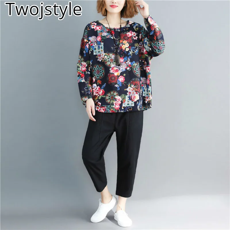 Twojstyle 2018 Autumn New Women's Cotton LinenTop Fashion Large Size Long Sleeve Round Collar Floral Printing Loose Top | Женская