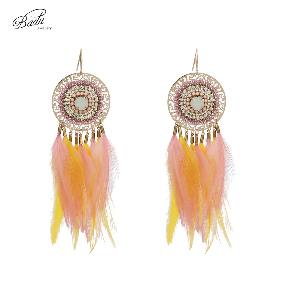

Badu Handmade Women Colorful Real Feathers Ethnic Vintage Retro Hook Earring Jewelry for Christmas Halloween Black Friday Party