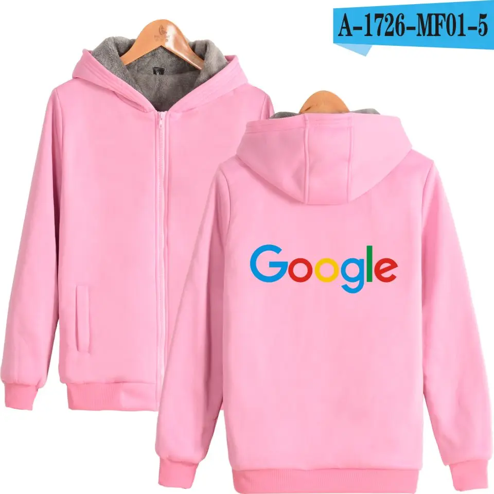 Толстовки с капюшоном Google на молнии; Повседневная зимняя плотная теплая одежда с принтом Google; хлопковая толстовка на молнии с логотипом Google - Цвет: Pink